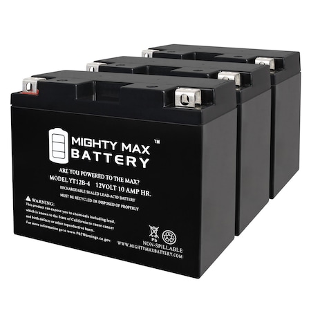 MIGHTY MAX BATTERY YT12B-4 12V 10Ah Replacement Battery compatible with Triumph Tiger Motorcycle 07-11 - 3PK MAX4021665